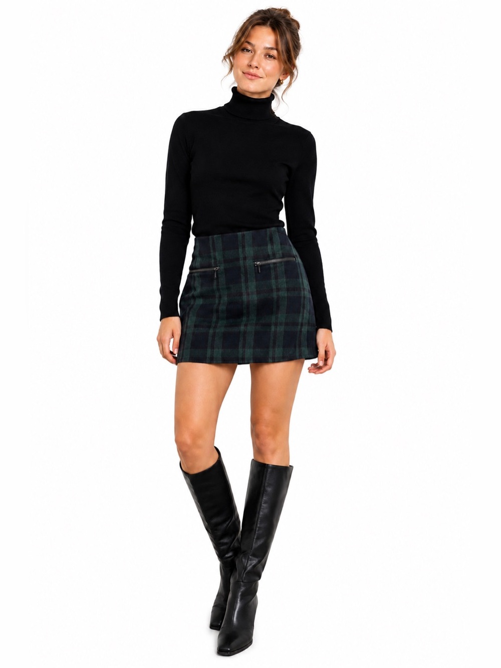 Dalia Sz 2 Black Watch Plaid Wool Blend Mini Skirt w/ Zip Pockets Classic Preppy